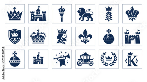 Foto Royalty themed geometric icons featuring crowns castles lions and regal symbols