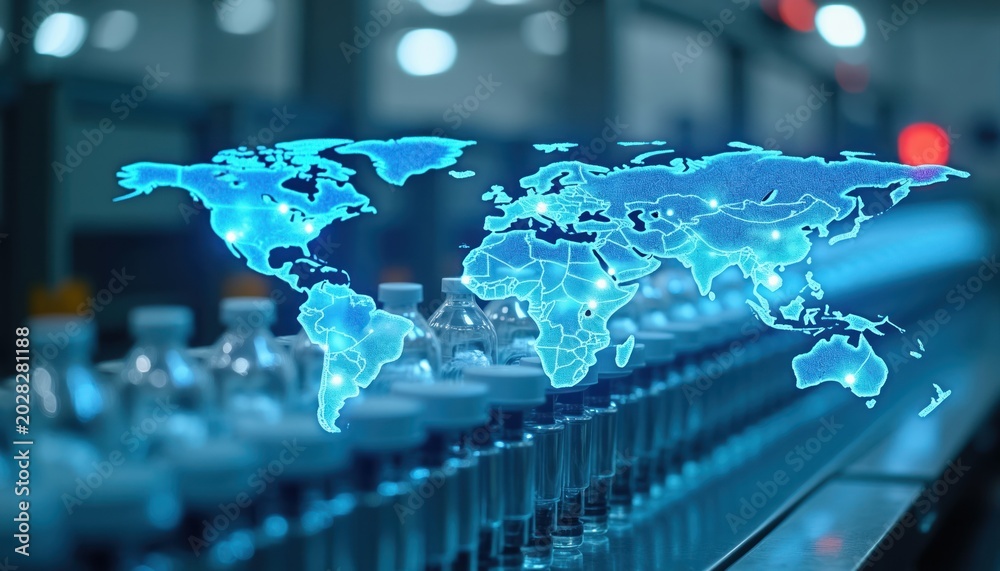 Obraz premium Global map overlay on pharmaceutical vials arranged on automated production line. Medical supply chain, hi-tech manufacturing for worldwide distribution of medicines, vaccines. Healthcare logistics