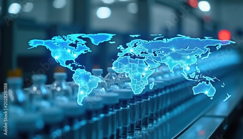 Global map overlay on pharmaceutical vials arranged on automated production line. Medical supply chain  hi-tech manufacturing for worldwide distribution of medicines  vaccines. Healthcare logistics