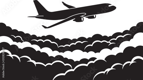 Airplane flying through clouds, black silhouette, aviation icon, travel symbol