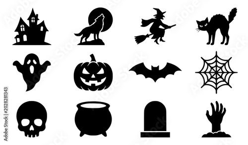 Schilderij op canvas Bold black silhouette Halloween vector icon set with haunted house witch on broo
