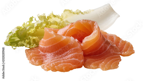 Konstfotografi Fresh salmon slices with lettuce and endive
