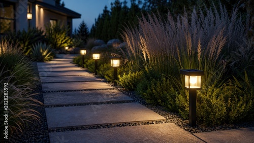 Fototapeta Allée de jardin moderne éclairée au crépuscule avec graminées ornementales