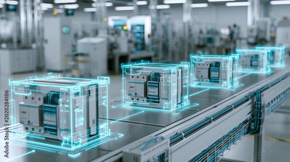 Fototapeta premium Medium shot focused on realtime virtual model updates within a smart factory emphasizing synchronized production flow of wiring devices through interactive digital visualization