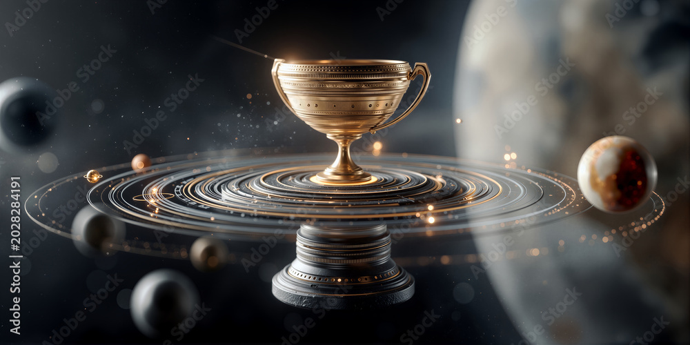 Fototapeta premium Silver trophy orbiting planets. Radiant prize suspended across cosmic rings and planets