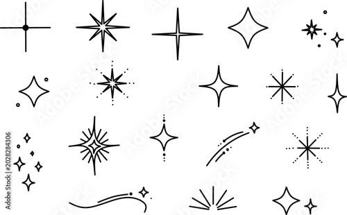 Sparkle icons set hand drawn. Black starburst vectors and magic twinkle elements