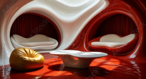 Futuristic organic interior design with white and red luxury lounge decor
