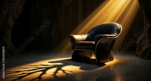 Black leather armchair illuminated by dramatic sunlight beam in a dark cave