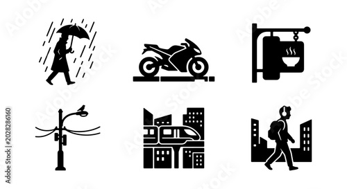 Bild auf Leinwand Urban City Icons Set: Transportation, Weather, and Lifestyle Symbols