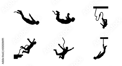 Fotografía Bungee Jumping Silhouettes, Extreme Sports Action, Adventure Vector Icons, Thril