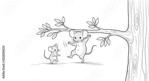 Cute mice playing on a tree branch, illustration, playful animals, nature, friendship, childhood