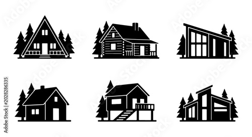 Foto Modern and Rustic Cabin Icons, Forest Dwelling Vector Set, Architectural Home St