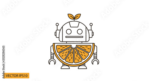 Cute Orange Robot Character with Citrus Slice Body and Leaf Antennae