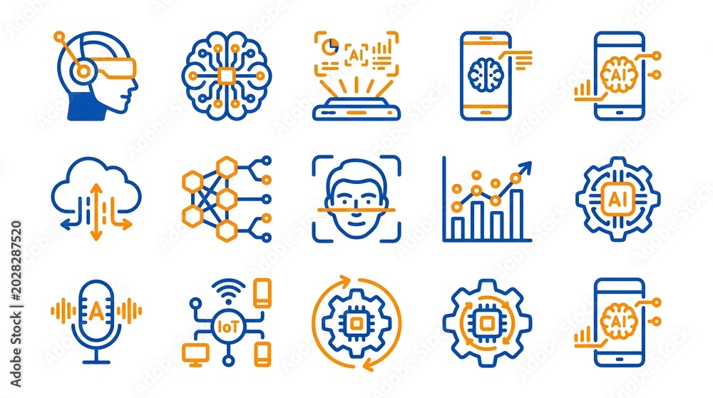 Fototapeta premium Artificial Intelligence and Machine Learning Icons Set with Brain, Face Recognition, and Technology Concepts