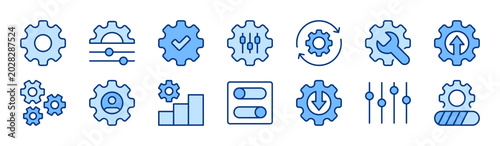 Setup & Settings filled icon set. Customization, Configuration, User Interface, Preferences concept. Blue vector gear icons collection.
