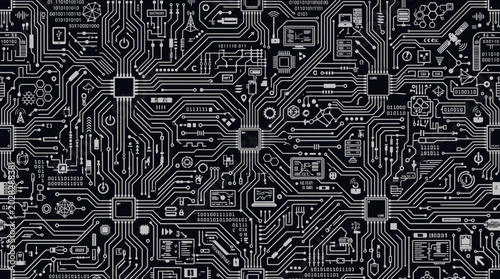Fotografie Circuit board with microchips and wires.