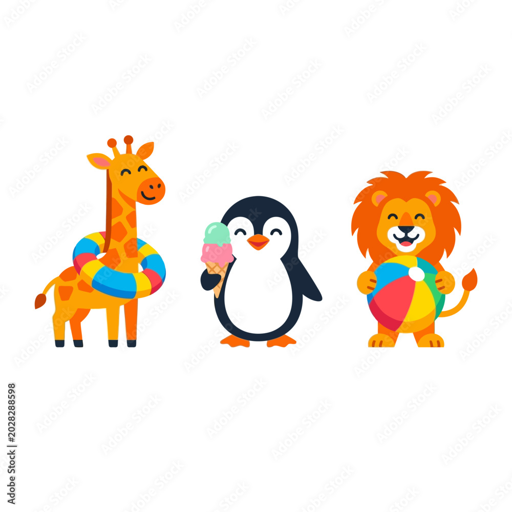 Naklejka premium Colorful cartoon zoo animals with beach balls and ice cream