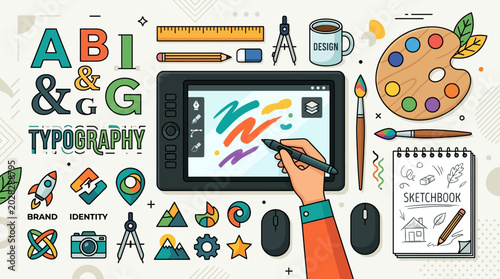 Tableau sur toile Hand holding stylus on tablet screen.