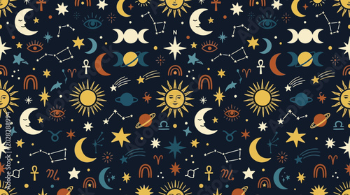 Fotografie Astrology celestial zodiac symbols pattern.