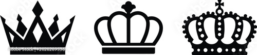 Fotografi Three black crown silhouettes on white background royalty symbols