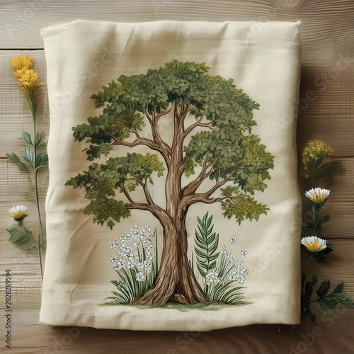 An illustration of a green forest tree  on llinnen fabric with flowers  on wood
