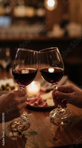 Two people toast in a dim restaurant. Red wine glasses touch in a cozy bar. Hands grip the stems of wine glasses. Crystal glasses clink above appetizers and candlelight. 