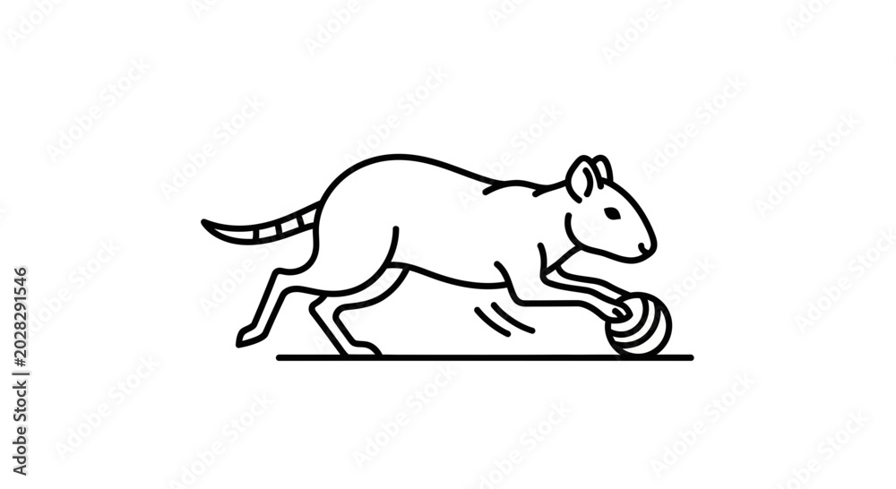 Fototapeta premium Cute cartoon rat playing with a ball, line art illustration, simple and clean design