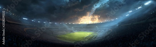 High-angle view of a floodlit football stadium at night with atmospheric smoke and bright stadium lights illuminating the green pitch