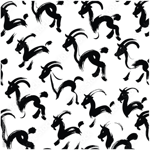 Bild auf Leinwand Year of the Goat Seamless Pattern Monochrome Zodiac Background