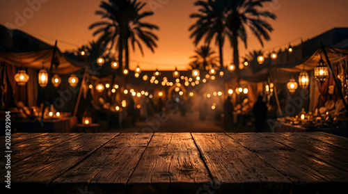 Dark wooden table surface with moroccan sunset bokeh background