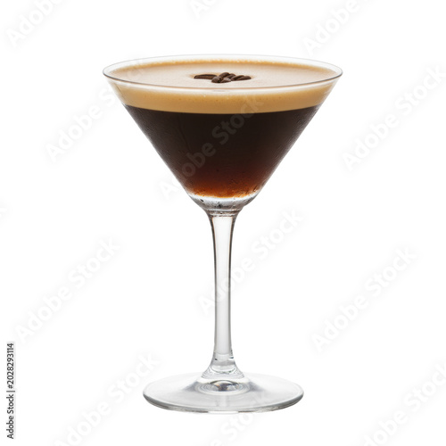 Chilled Espresso Martini, frosty V-glass with condensation, dark liqueur, creamy foam, coffee beans, white studio. Concept of beverage luxury.