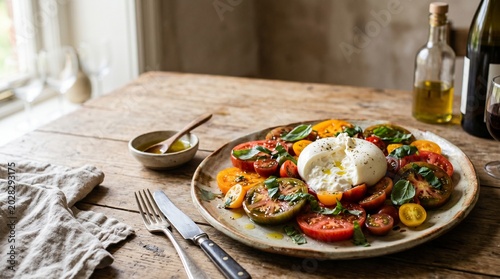 Fresh Burrata Cheese Salad with Heirloom Tomatoes and Basil on a Rustic Wooden Table
