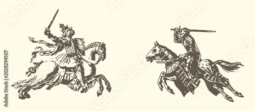 Tableau sur toile Two medieval knights on horseback engage in a jousting duel depicted in a dynami