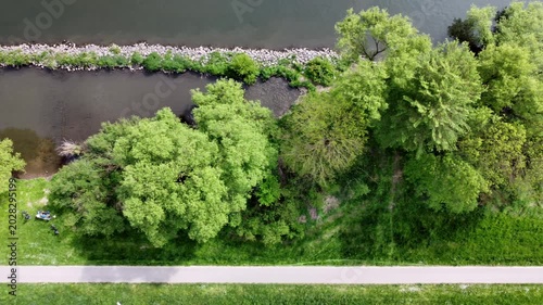 Drohne fliegt über Fluss mit Steinbuhnen und Auwald, Uferschutz, Luftaufnahme