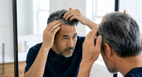 Adult Checking Hairline in Mirror for Hair Health – Selfcare, Grooming, Bathroom, Hair, Scalp, Health, Reflection, Concern, Lifestyle
