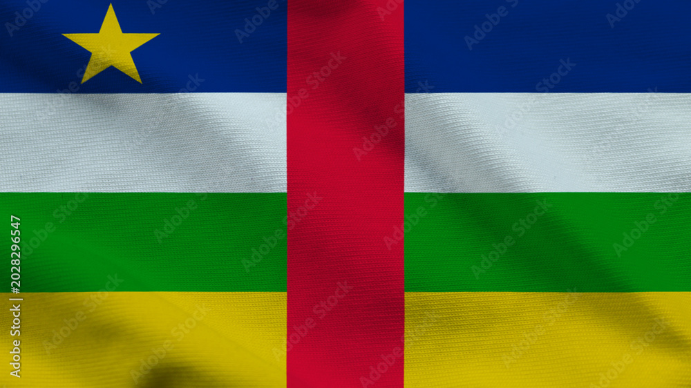 Obraz premium National flag of Central African Republic on wavy cloth. Features horizontal stripes with a vertical red bar and yellow star. Professional top-down shot for national themes and history.