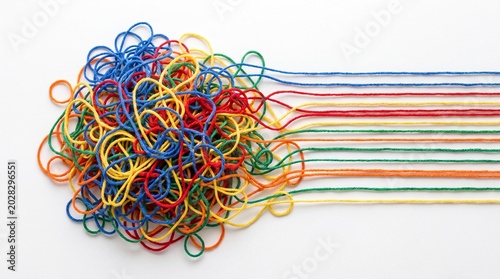 Messy tangled strings transforming into organized straight lines