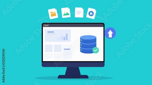 Animated flat dashboard interface featuring database storage elements, upload action icon, desktop monitor, and modern data management technology scene.