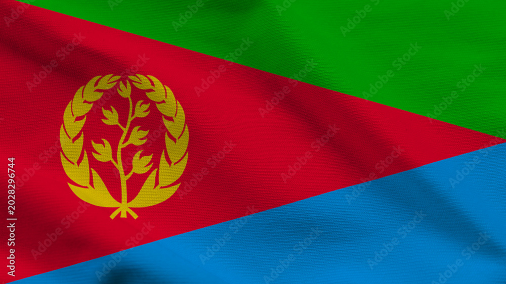 Fototapeta premium National flag of Eritrea on wavy cloth. Features green, red, and blue geometric sections with a gold wreath emblem. Professional top-down view for East African history and national holidays.
