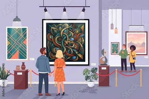 Tourists admiring modern geometric art and landscape paintings in a bright gallery.