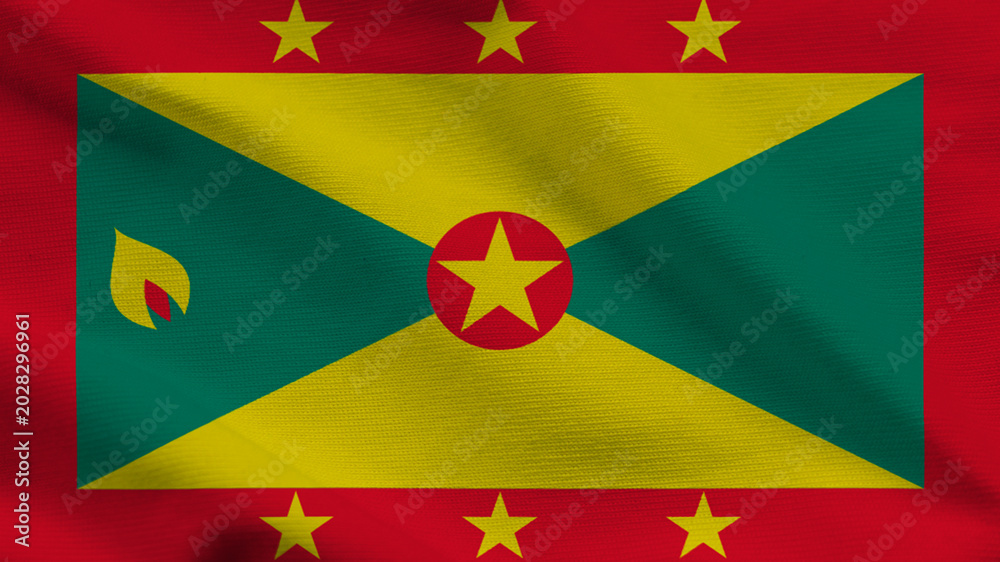 Fototapeta premium National flag of Grenada on wavy silk cloth. Features red, yellow, and green panels with gold stars and nutmeg symbol. Top-down view for Caribbean travel and independence day.