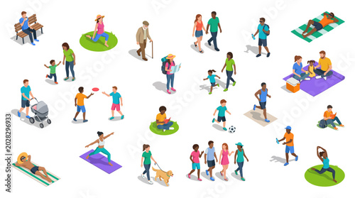 Φωτογραφία Isometric park visitors outdoors | Diverse group of people relaxing jogging dog