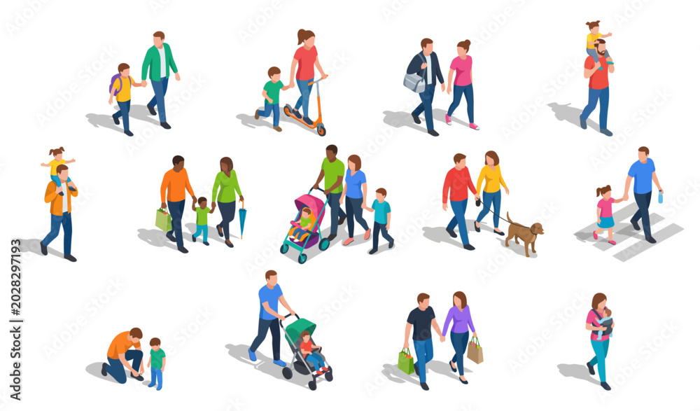 Fototapeta premium Isometric families walking outdoors | Diverse group of parents and children with strollers shopping bags and a dog vector illustration