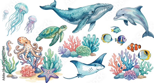 Watercolor Sea Animals Underwater Vector Illustration