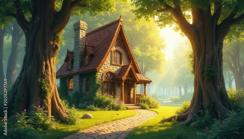 Fototapeta premium Cozy stone cottage with red roof nestled among large trees. Stone pathway leads to inviting wooden door. Rich green grass and vibrant flowers surround the fairytale home. Bright sunny day.