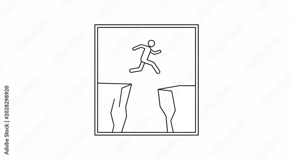 Fototapeta premium Stick figure jumping over a gap, symbolizing risk, challenge, and overcoming obstacles.