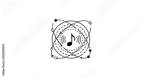 Abstract musical note with orbital rings, sound waves, and particles