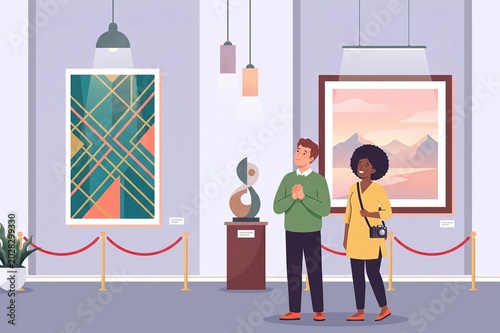 Tourists admiring modern geometric art and landscape paintings in a bright gallery.