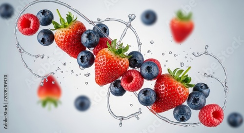 Fresh Mixed Berries in Water Splash - Strawberries Blueberries and Raspberries Flying in High-Speed Motion