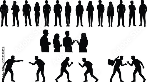 Canvastavla Silhouette vector illustration of people in different social interactions includ